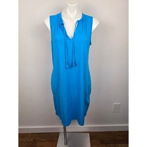 Tommy Bahama Women Blue Sleeveless Tassel Tie Neck Tunic Swim Dress M
